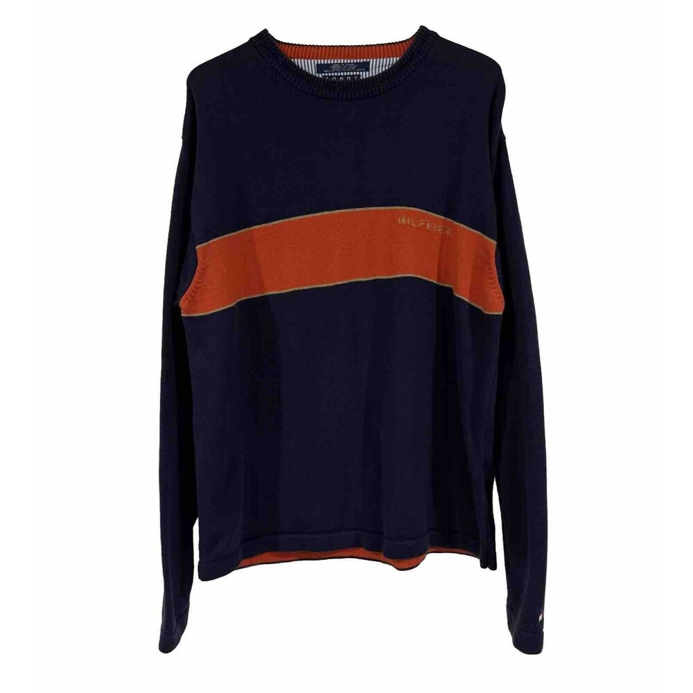 Tommy Hilfiger Sweater Tommy Spell Out On Chest Mens Size Large Orange Blue